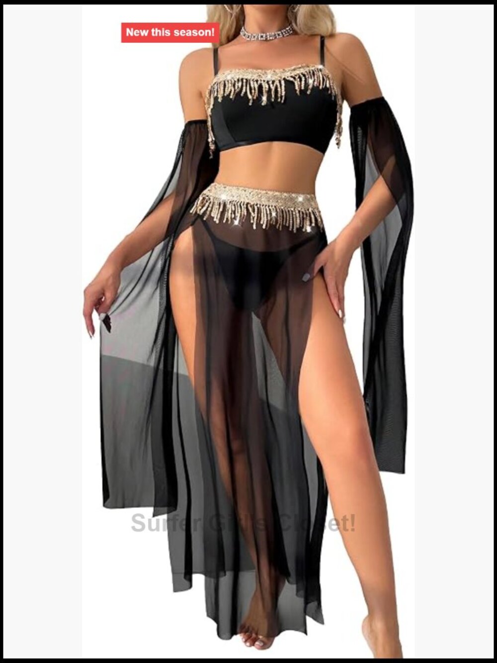 FEOYA Belly Dance Costume Set Sequin Fringe Top Tulle Sleeves Mesh Skirt Adult